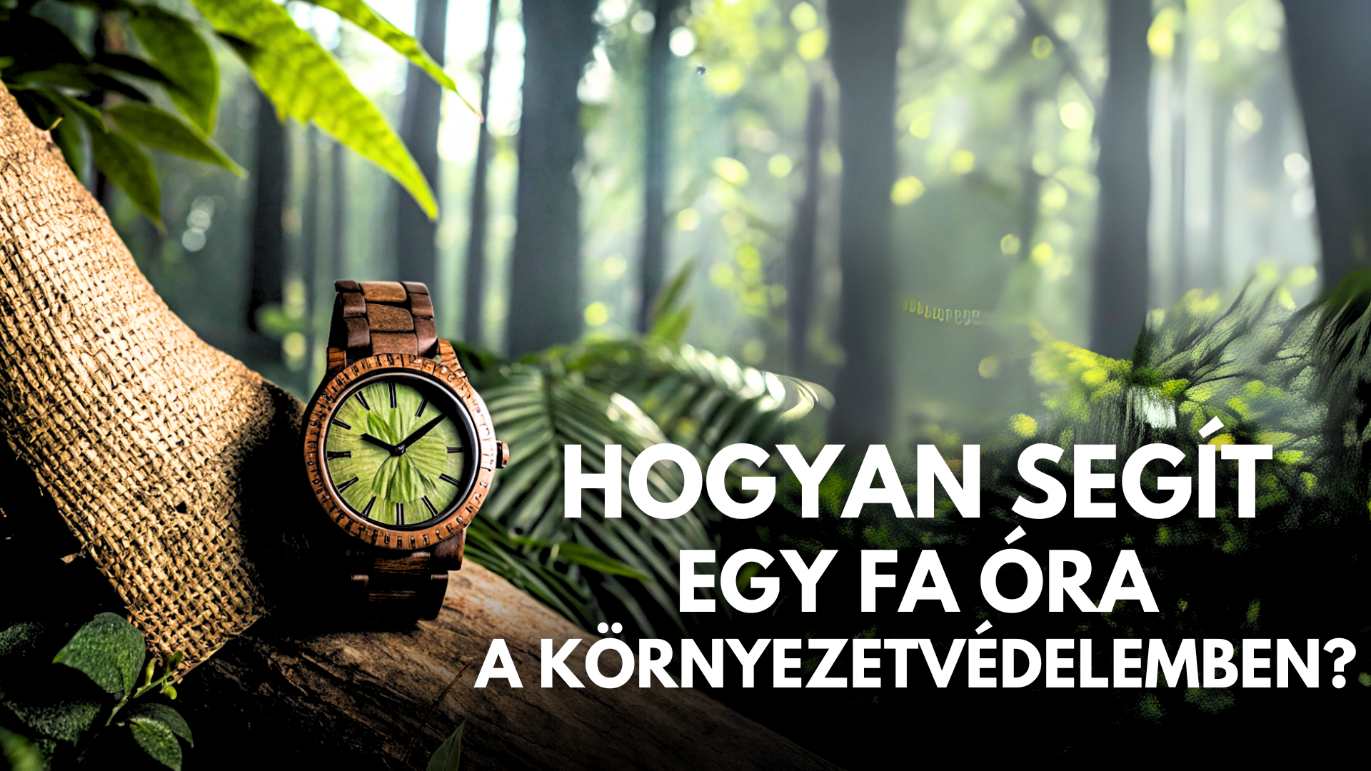 Fa karóra zöld számlappal faágon, erdei háttérrel, környezetbarát óra
