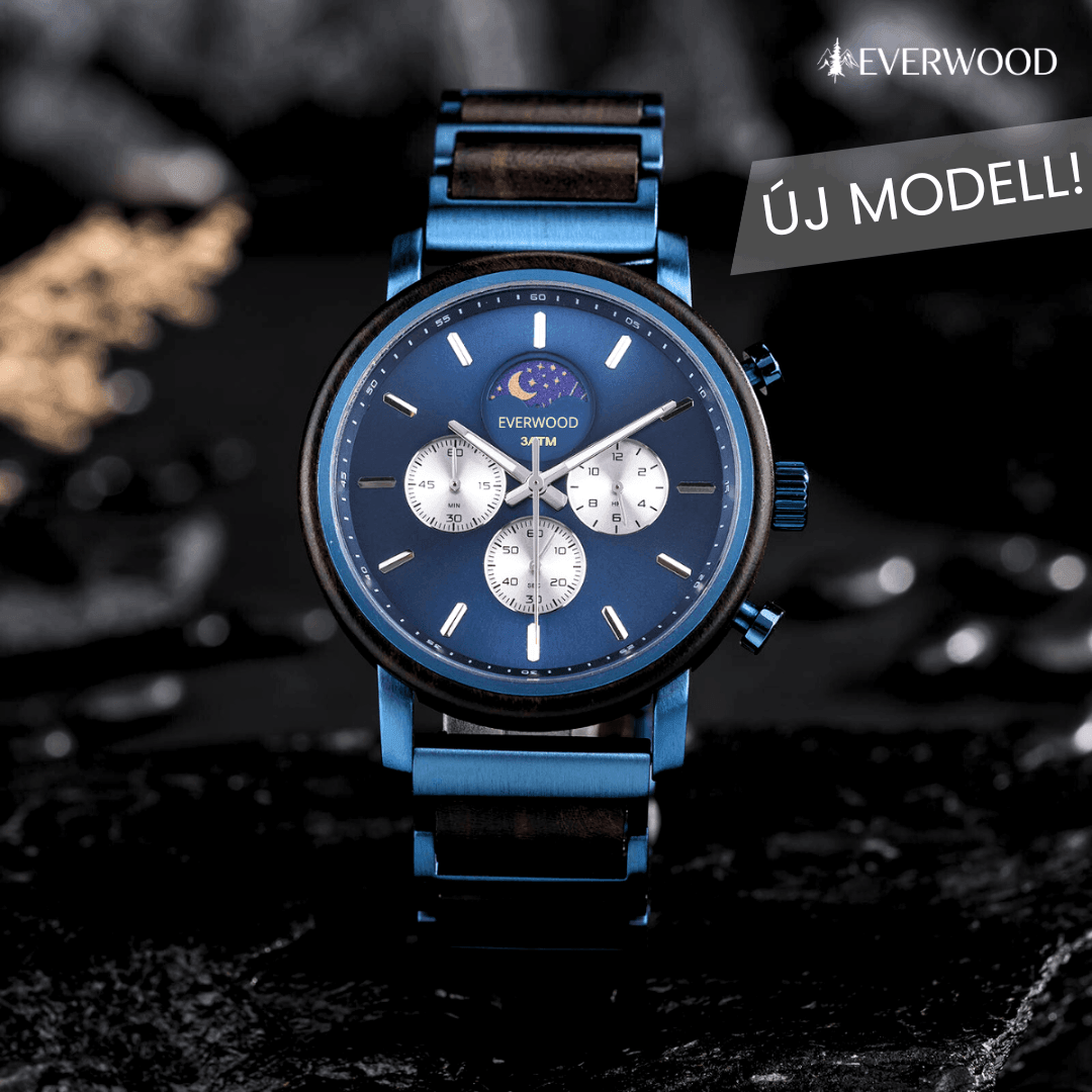 EverWood™ - Moon Phase Blue Kronográf 44mm - EverWood ® Fa Karórák | Férfi & Női Karóra Faóra Fakaróra EverWood