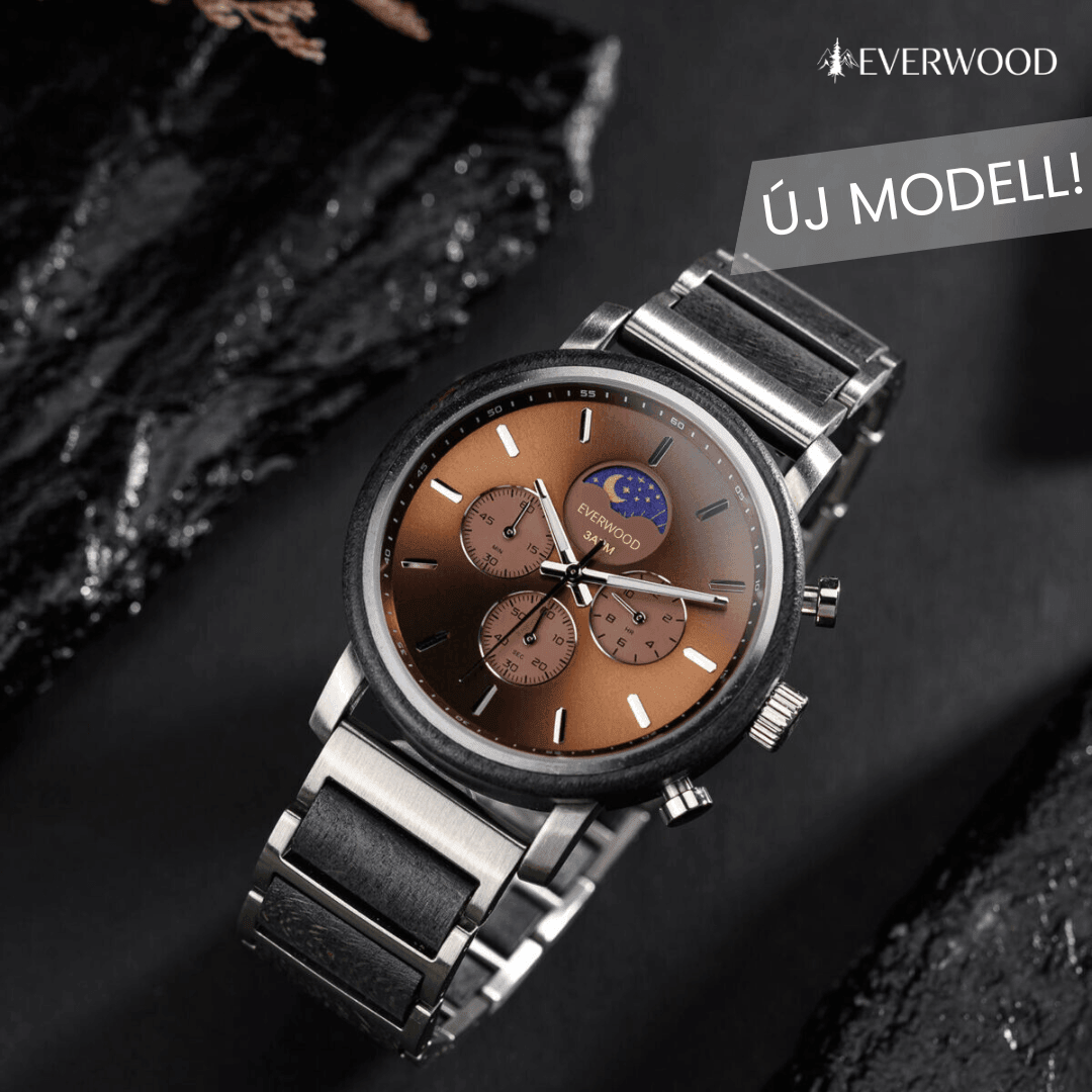 EverWood™ - Moon Phase Silver Kronográf 44mm - EverWood ® Fa Karórák | Férfi & Női Karóra Faóra Fakaróra EverWood