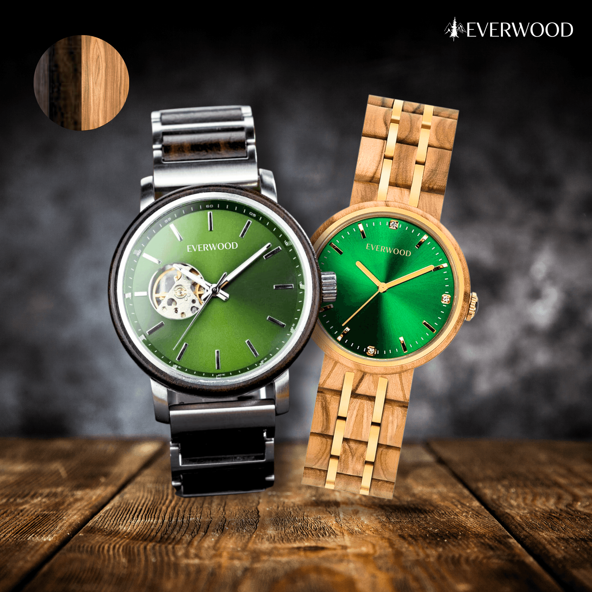 EverWood™ - Emerald Premium Selection 1+1 Páros 43/38mm - EverWood ® Fa Karórák | Férfi & Női Karóra Faóra Fakaróra EverWood