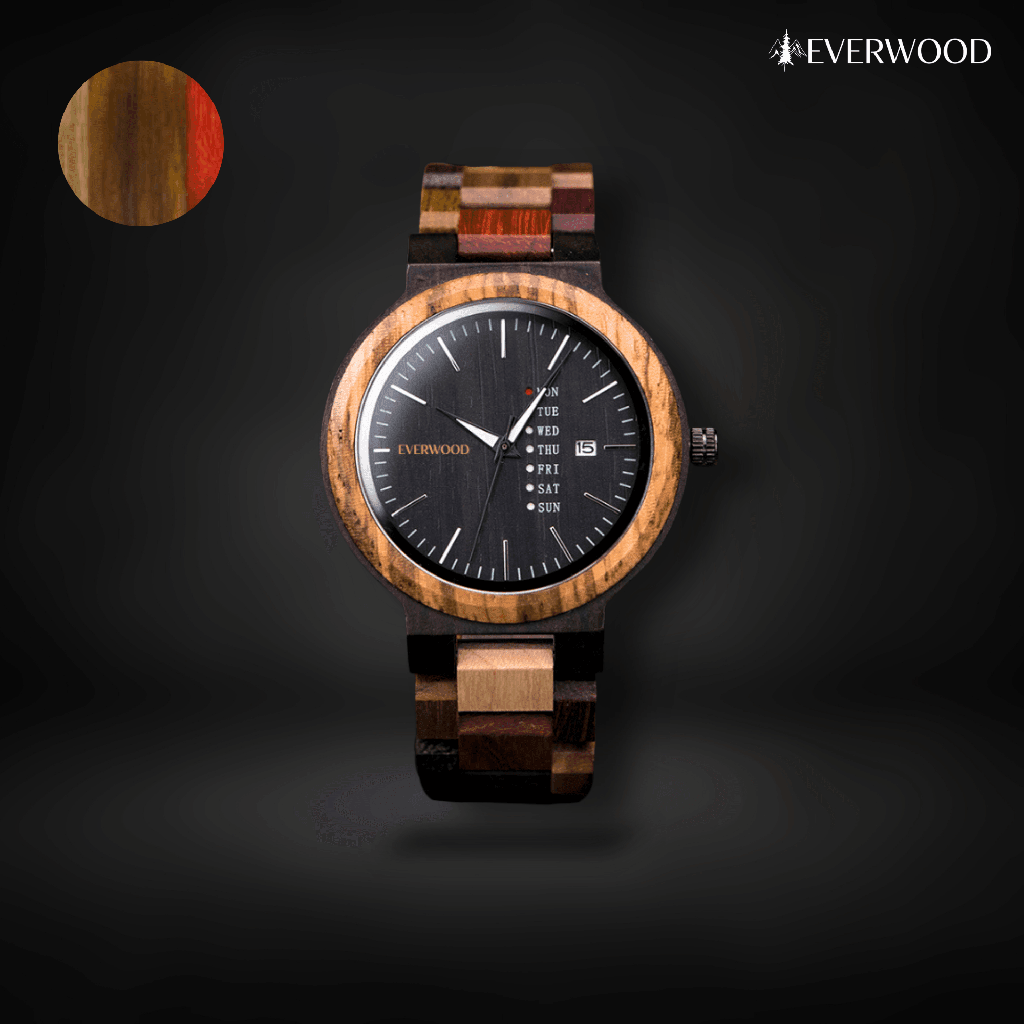 EverWood™ - MultiWood Quartz naptáros 44mm - EverWood ® Fa Karórák | Férfi & Női Karóra Faóra Fakaróra EverWood