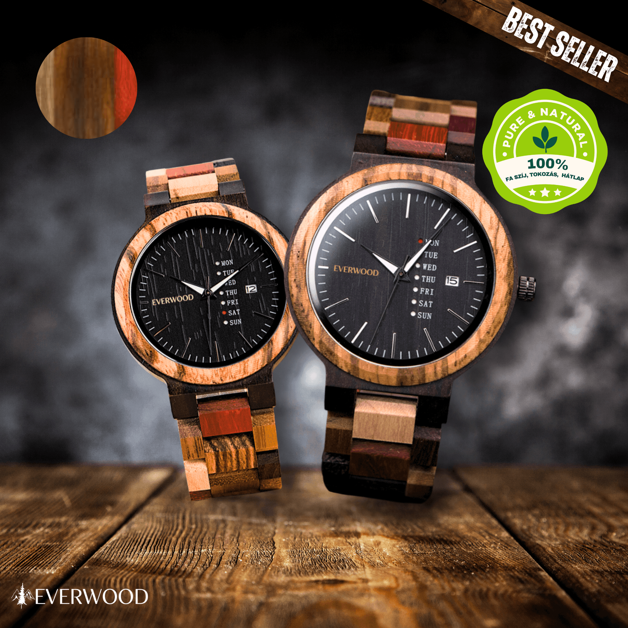 EverWood™ - MultiWood Quartz naptáros 1+1 Páros 44/38mm - EverWood ® Fa Karórák | Férfi & Női Karóra Faóra Fakaróra EverWood