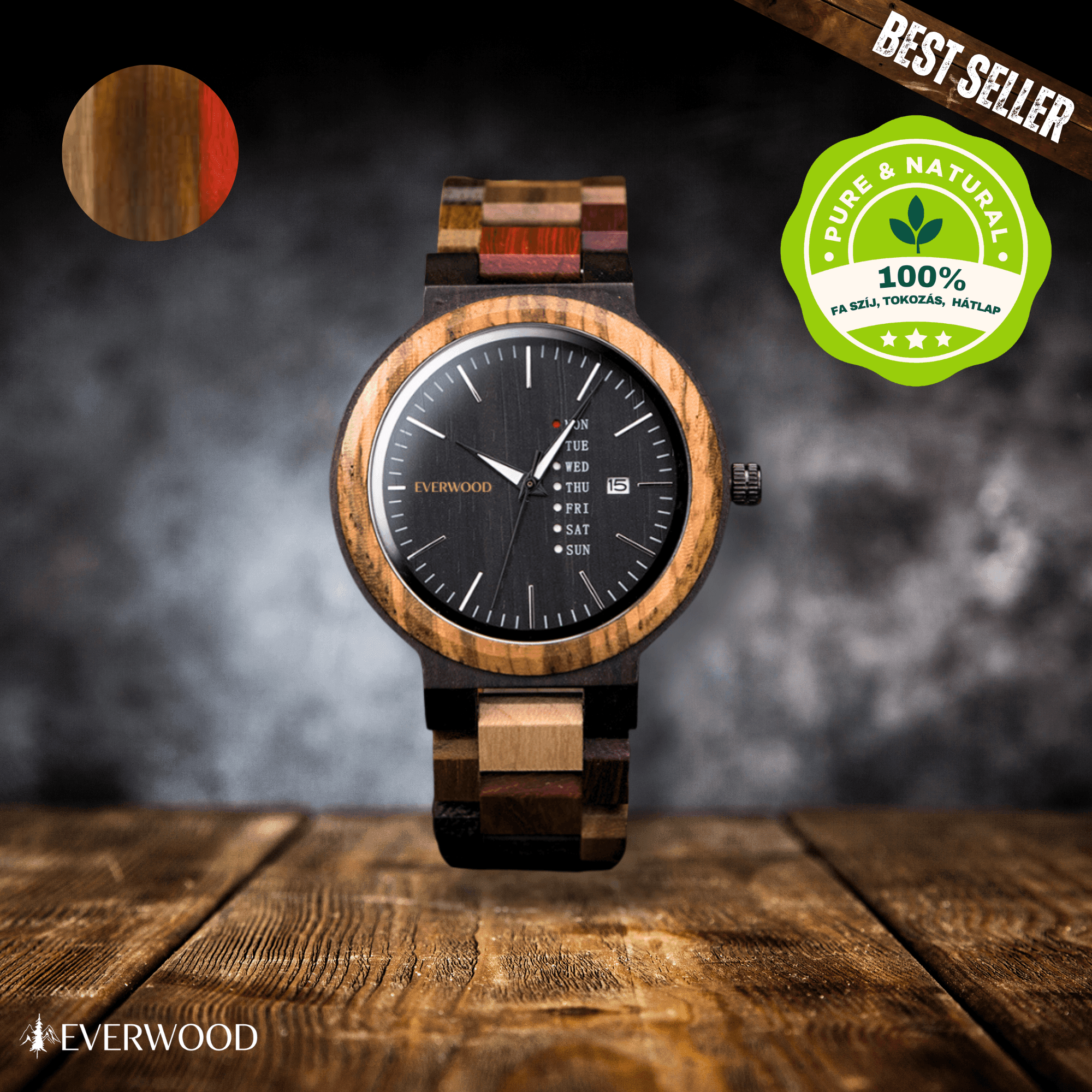 EverWood™ - MultiWood Quartz naptáros 44mm - EverWood ® Fa Karórák | Férfi & Női Karóra Faóra Fakaróra EverWood