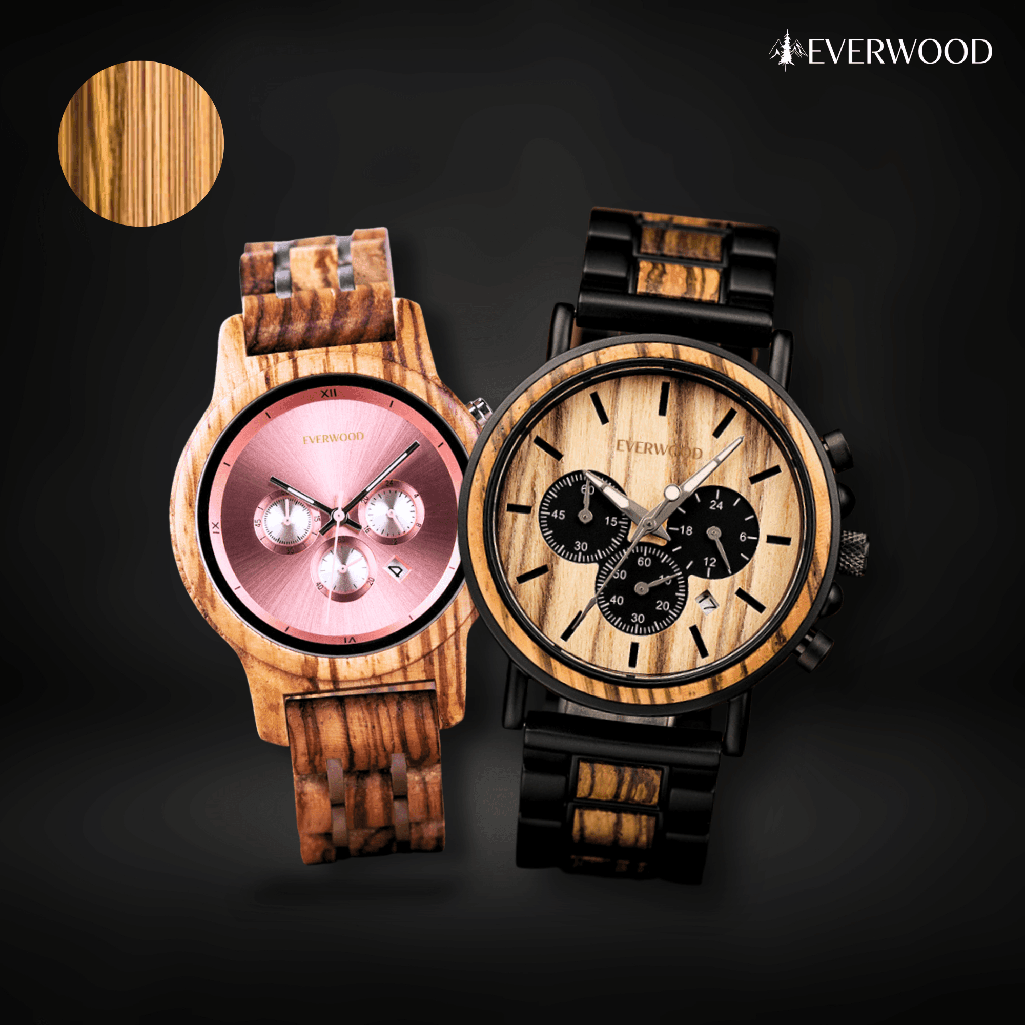 EverWood™ - Walnut Premium Selection 1+1 Páros 44/40mm - EverWood ® Fa Karórák | Férfi & Női Karóra Faóra Fakaróra EverWood