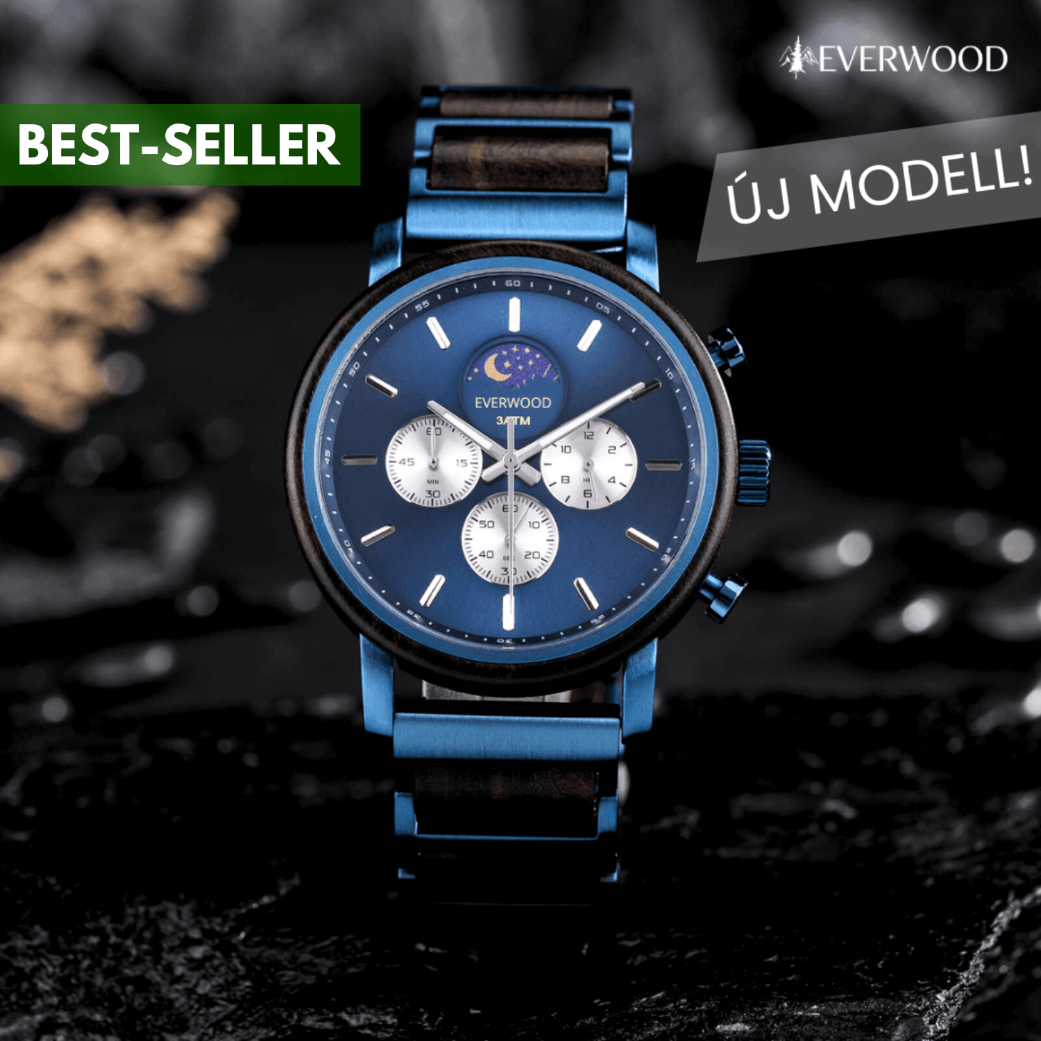 EverWood™ - Moon Phase Blue Kronográf 44mm
