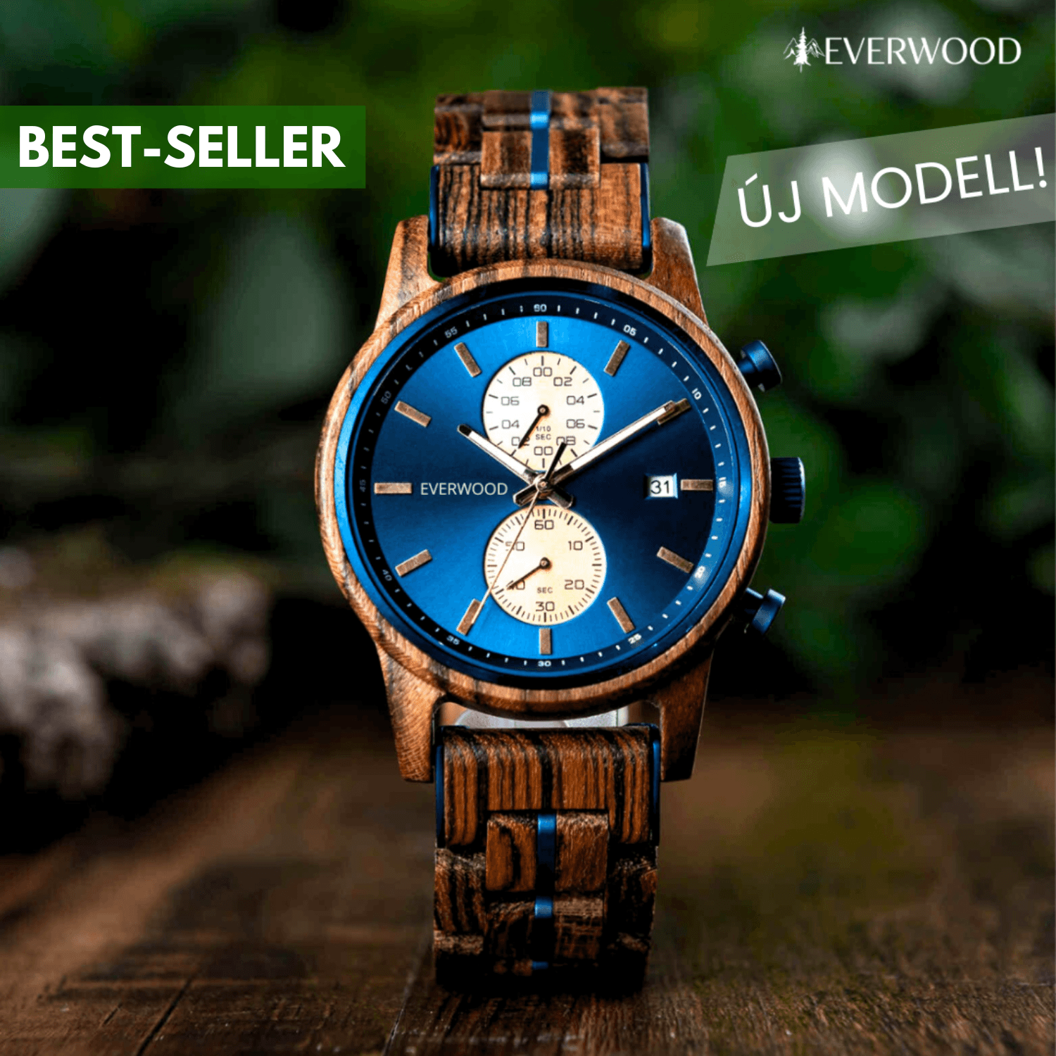 Férfi fa karóra kék számlappal, chronograph funkcióval, természetes fa szíjjal