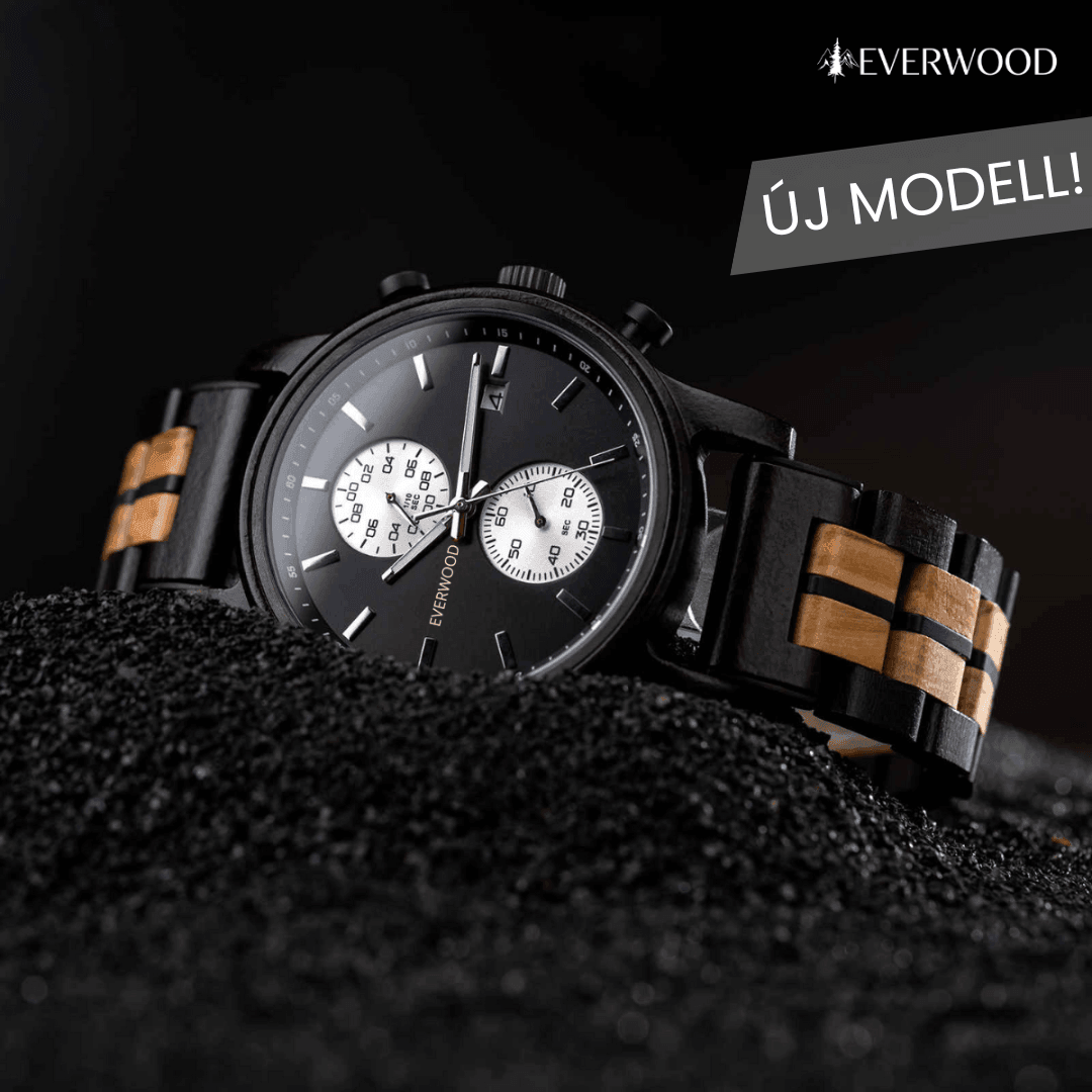 EverWood™ - Classic Walnut Black Kronográf 44mm - EverWood ® Fa Karórák | Férfi & Női Karóra Faóra Fakaróra EverWood