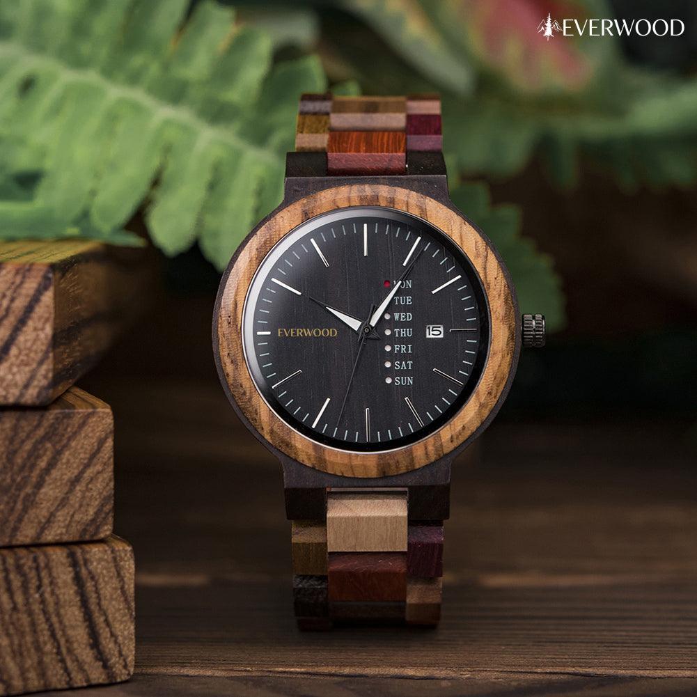 EverWood™ - MultiWood Quartz naptáros 44mm - EverWood ® Fa Karórák | Férfi & Női Karóra Faóra Fakaróra EverWood