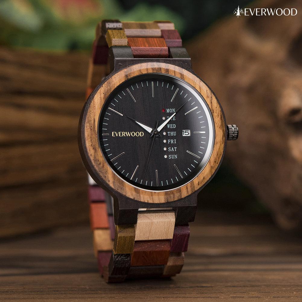 EverWood™ - MultiWood Quartz naptáros 44mm - EverWood ® Fa Karórák | Férfi & Női Karóra Faóra Fakaróra EverWood