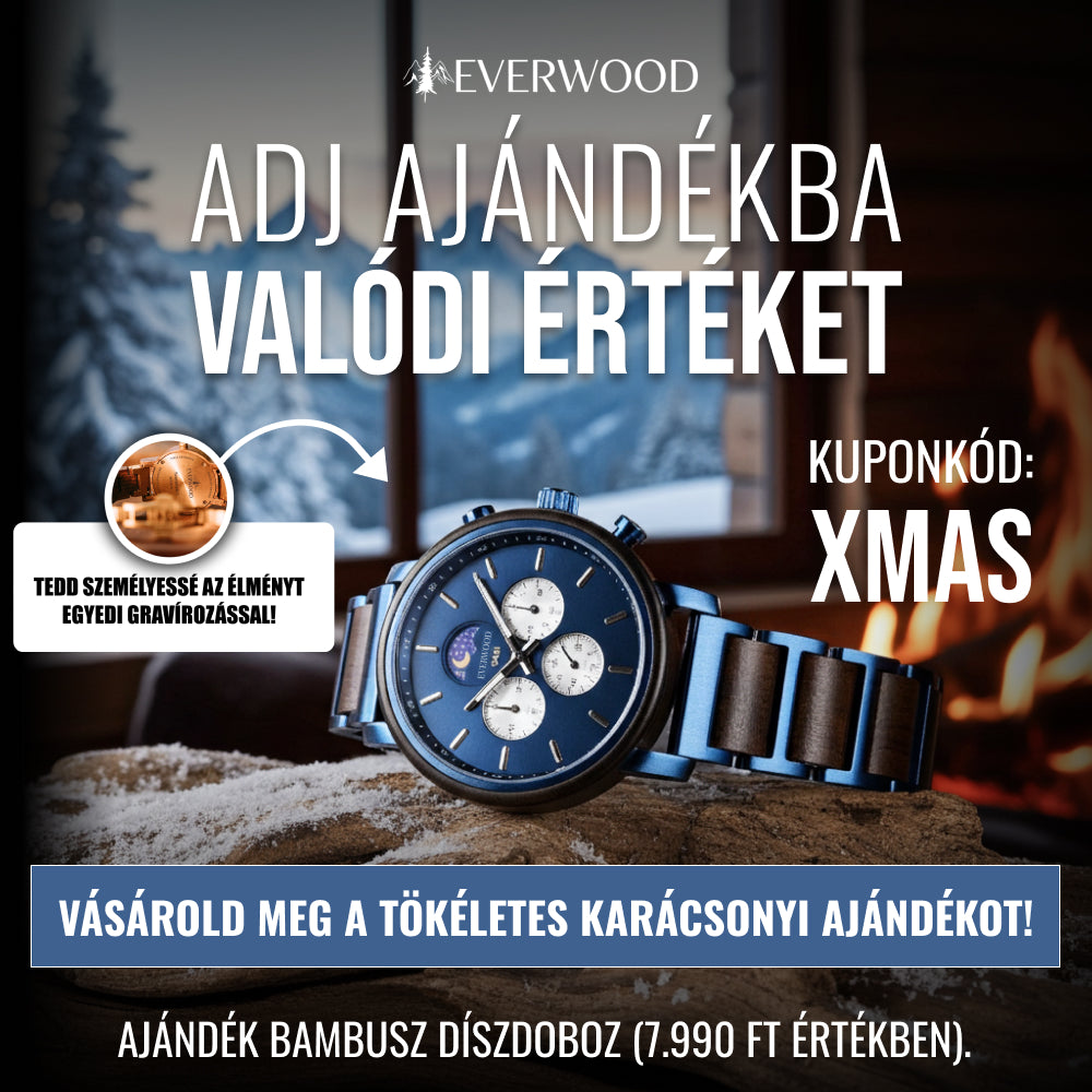 Elegáns férfi fa karóra kék számlappal, kronográf funkcióval, csuklón viselve