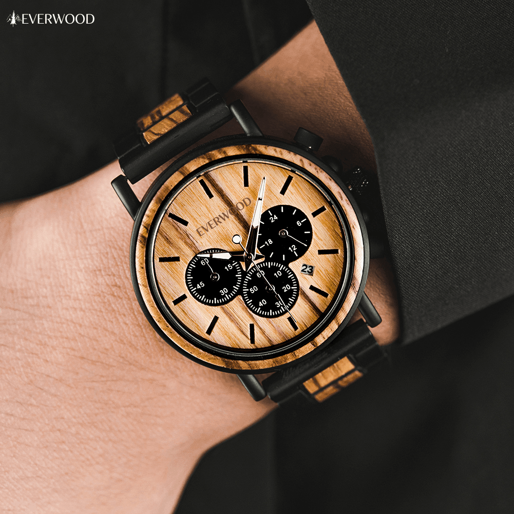 EverWood™ - Walnut Zebra Kronográf 44mm - EverWood ® Fa Karórák | Férfi & Női Karóra Faóra Fakaróra EverWood