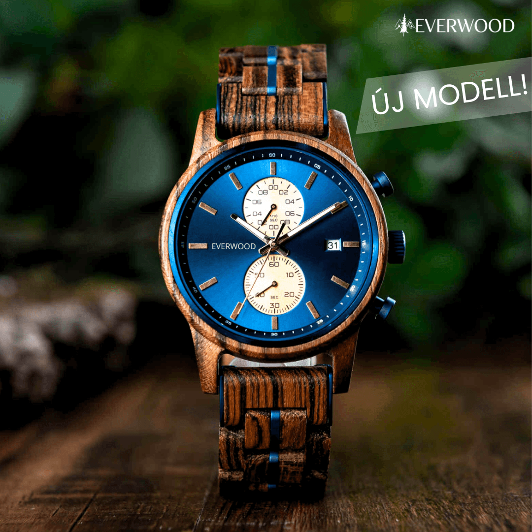 EverWood™ - Classic Walnut Blue Chronograph 44mm - EverWood ® Fa Karórák | Férfi & Női Karóra Faóra Fakaróra EverWood