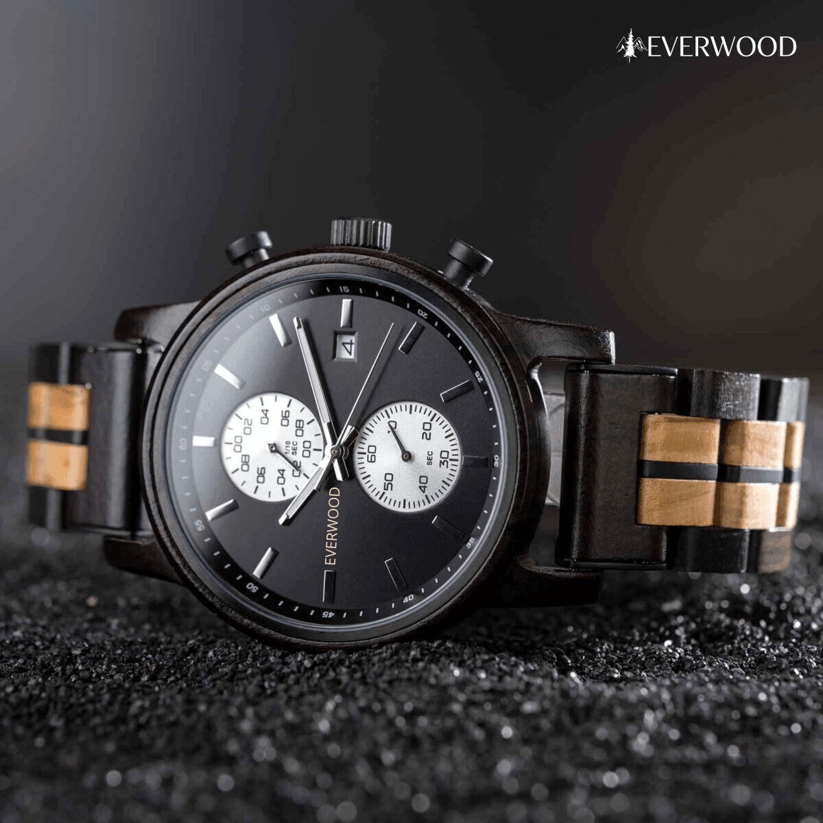 EverWood™ - Classic Walnut Black Kronográf 44mm - EverWood ® Fa Karórák | Férfi & Női Karóra Faóra Fakaróra EverWood