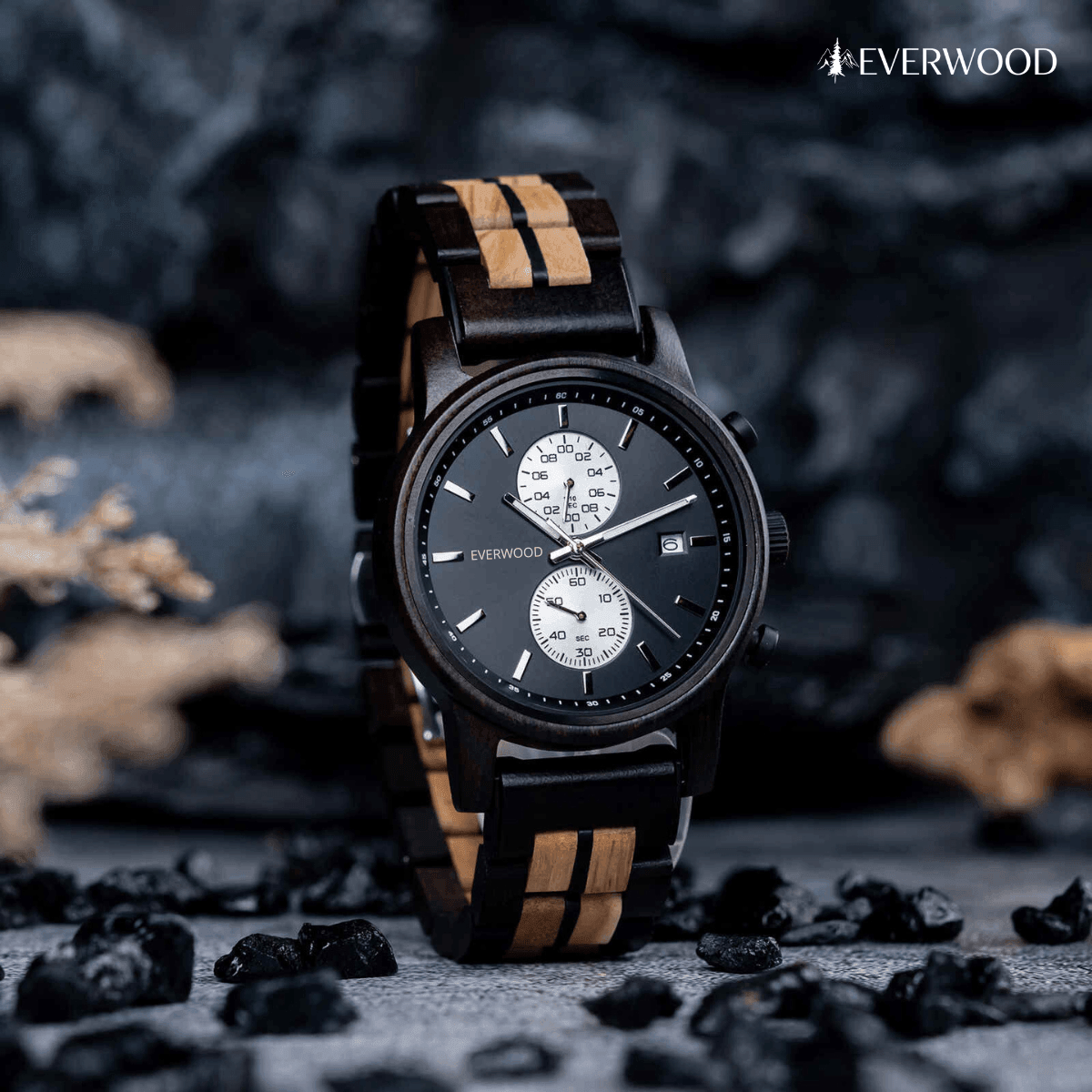 EverWood™ - Classic Walnut Black Kronográf 44mm - EverWood ® Fa Karórák | Férfi & Női Karóra Faóra Fakaróra EverWood