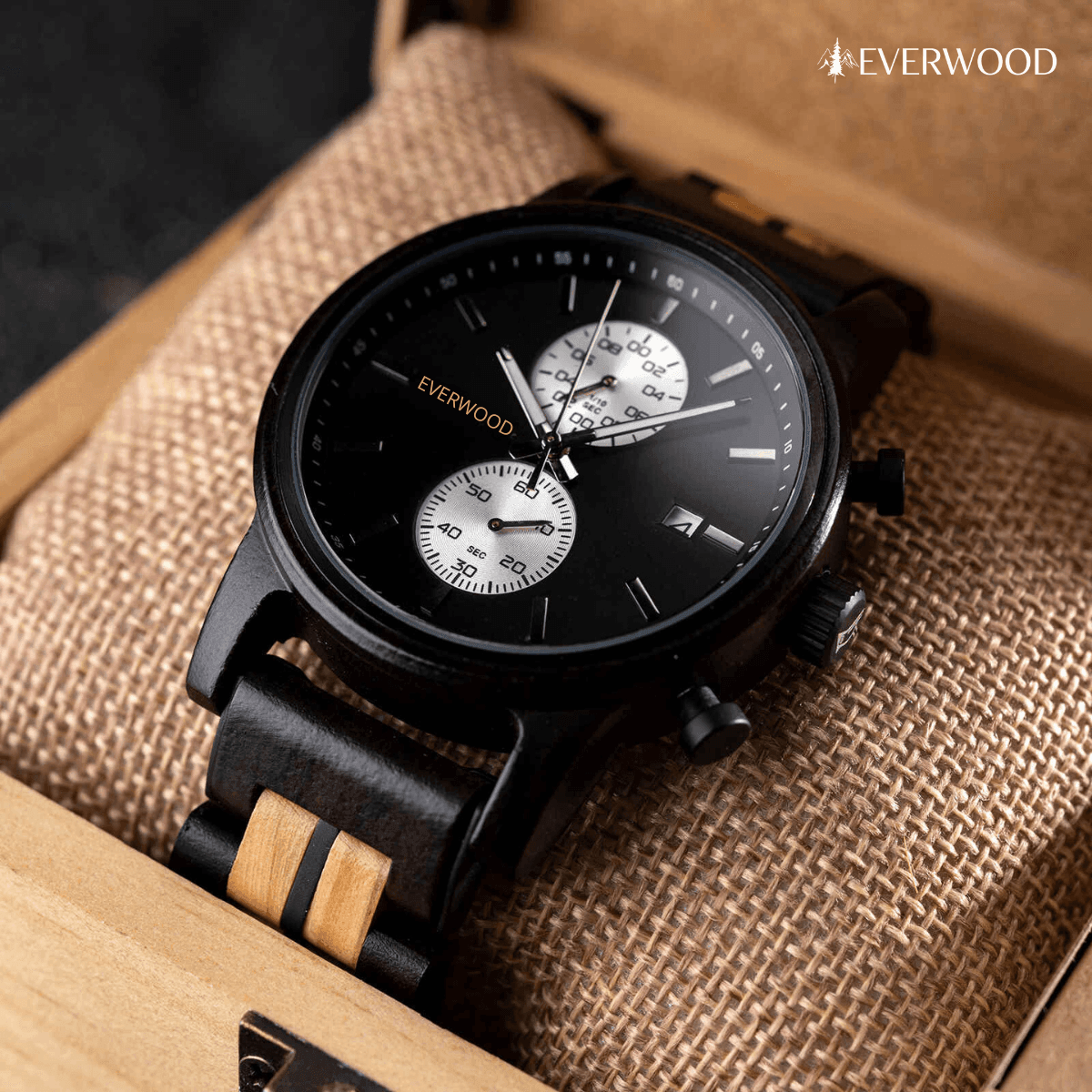 EverWood™ - Classic Walnut Black Kronográf 44mm - EverWood ® Fa Karórák | Férfi & Női Karóra Faóra Fakaróra EverWood