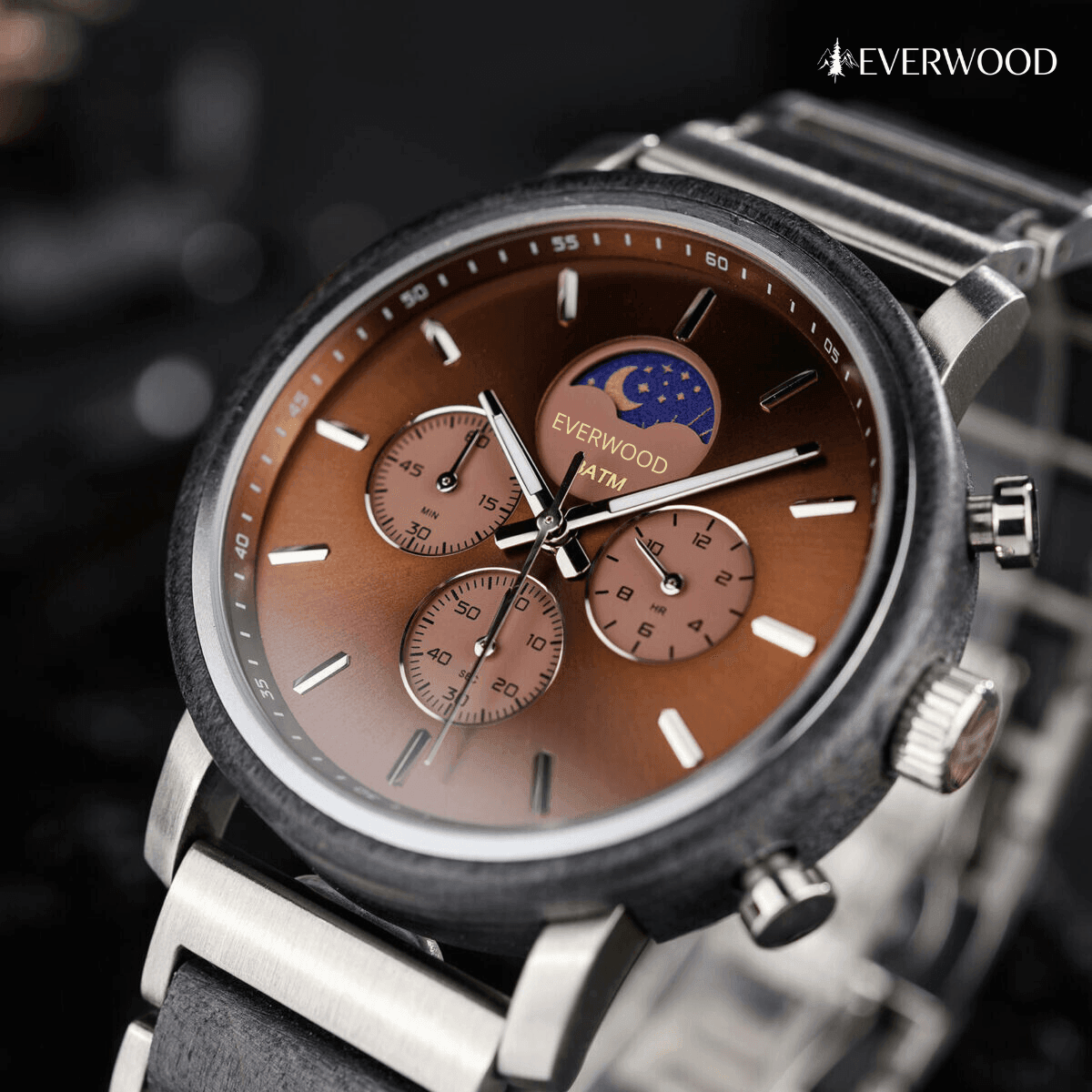 EverWood™ - Moon Phase Silver Kronográf 44mm - EverWood ® Fa Karórák | Férfi & Női Karóra Faóra Fakaróra EverWood