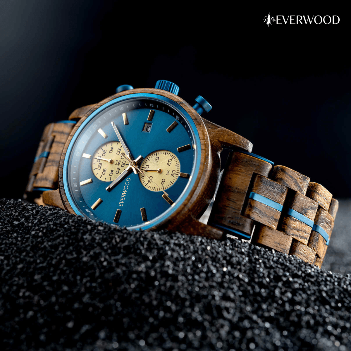 EverWood™ - Classic Walnut Blue Chronograph 44mm - EverWood ® Fa Karórák | Férfi & Női Karóra Faóra Fakaróra EverWood