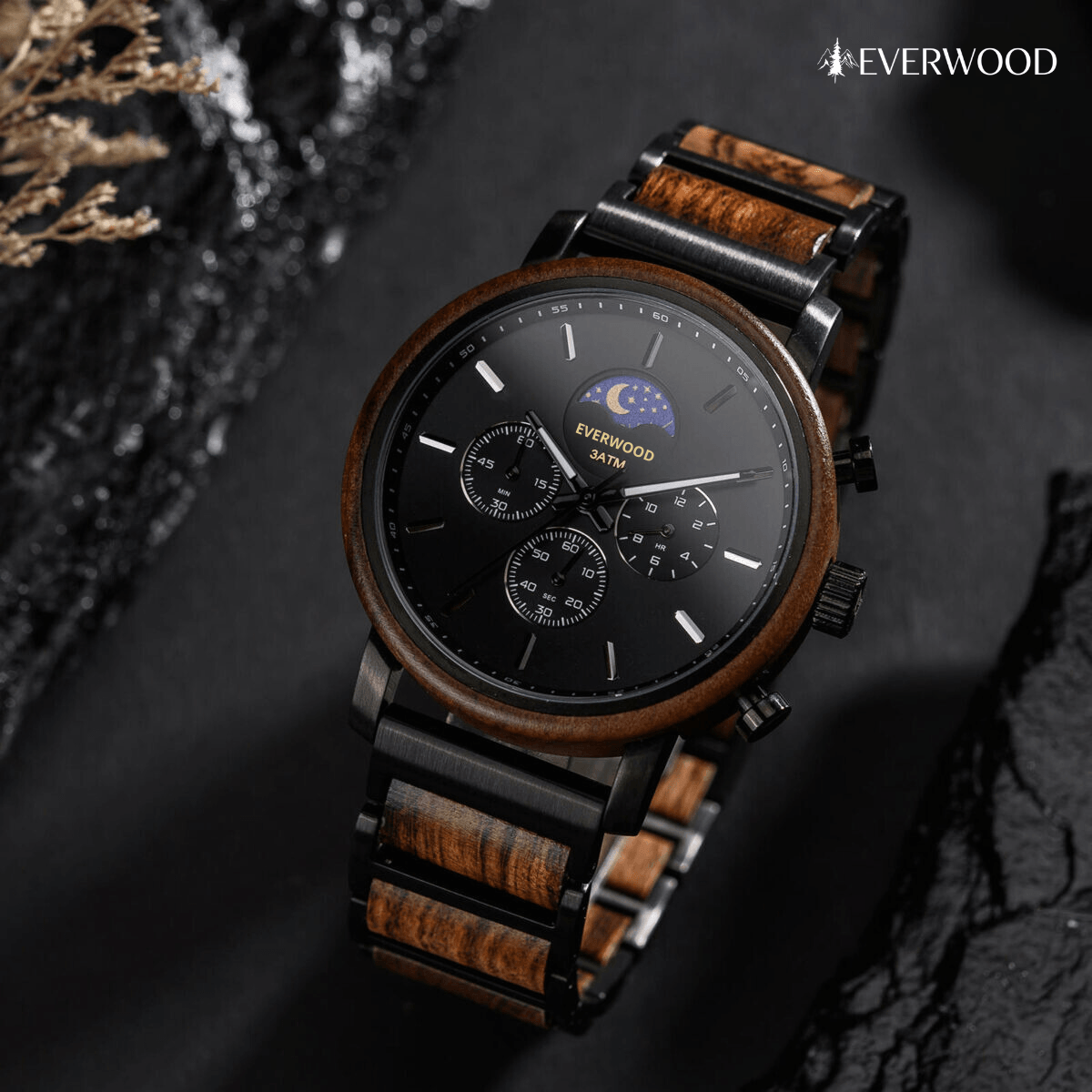EverWood™ - Moon Phase Tigrisfa Kronográf 44mm - EverWood ® Fa Karórák | Férfi & Női Karóra Faóra Fakaróra EverWood