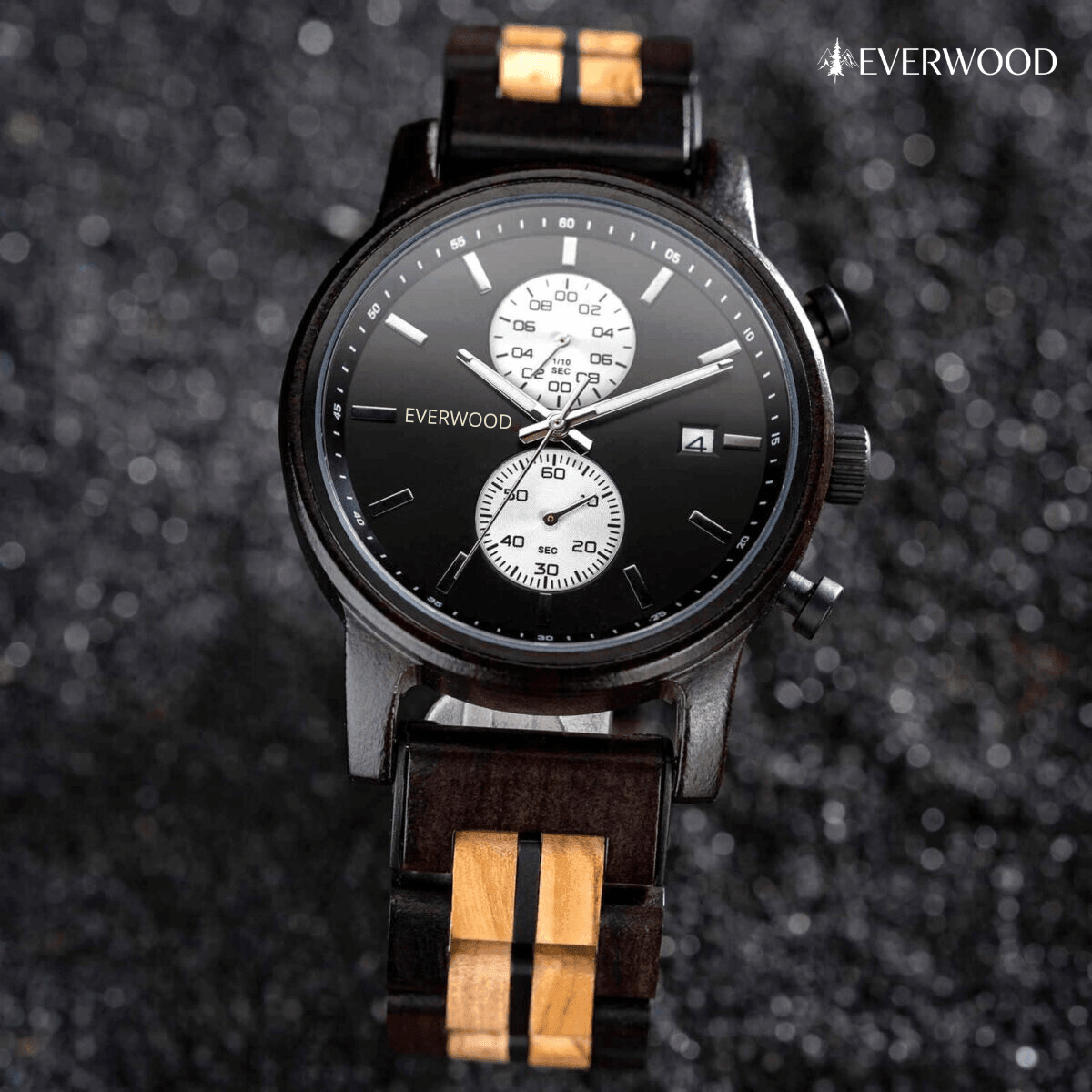 EverWood™ - Classic Walnut Black Kronográf 44mm - EverWood ® Fa Karórák | Férfi & Női Karóra Faóra Fakaróra EverWood