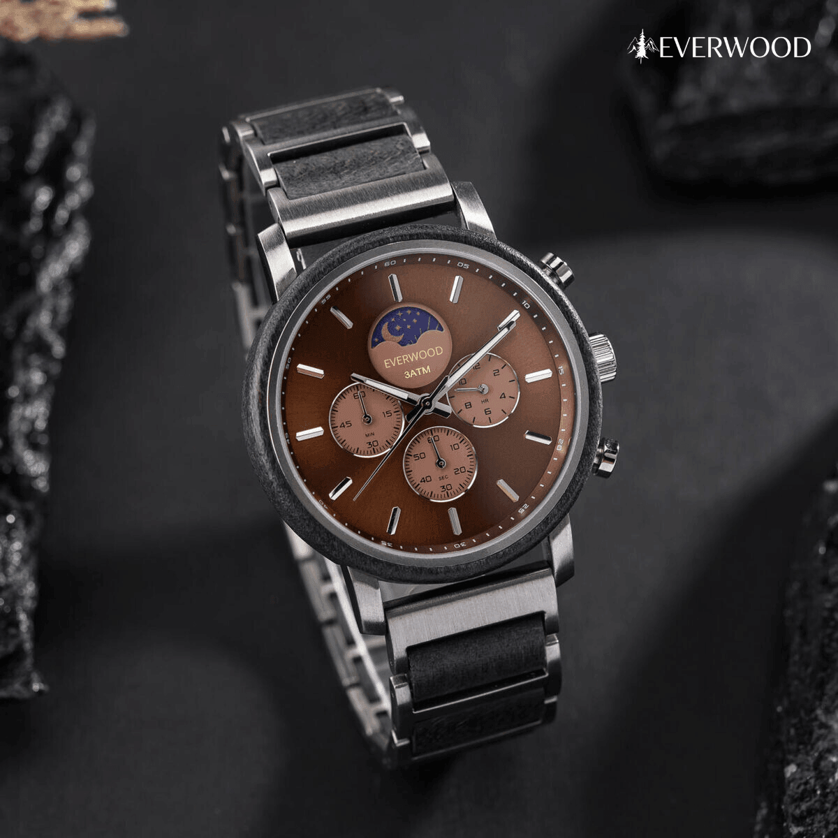 EverWood™ - Moon Phase Silver Kronográf 44mm - EverWood ® Fa Karórák | Férfi & Női Karóra Faóra Fakaróra EverWood