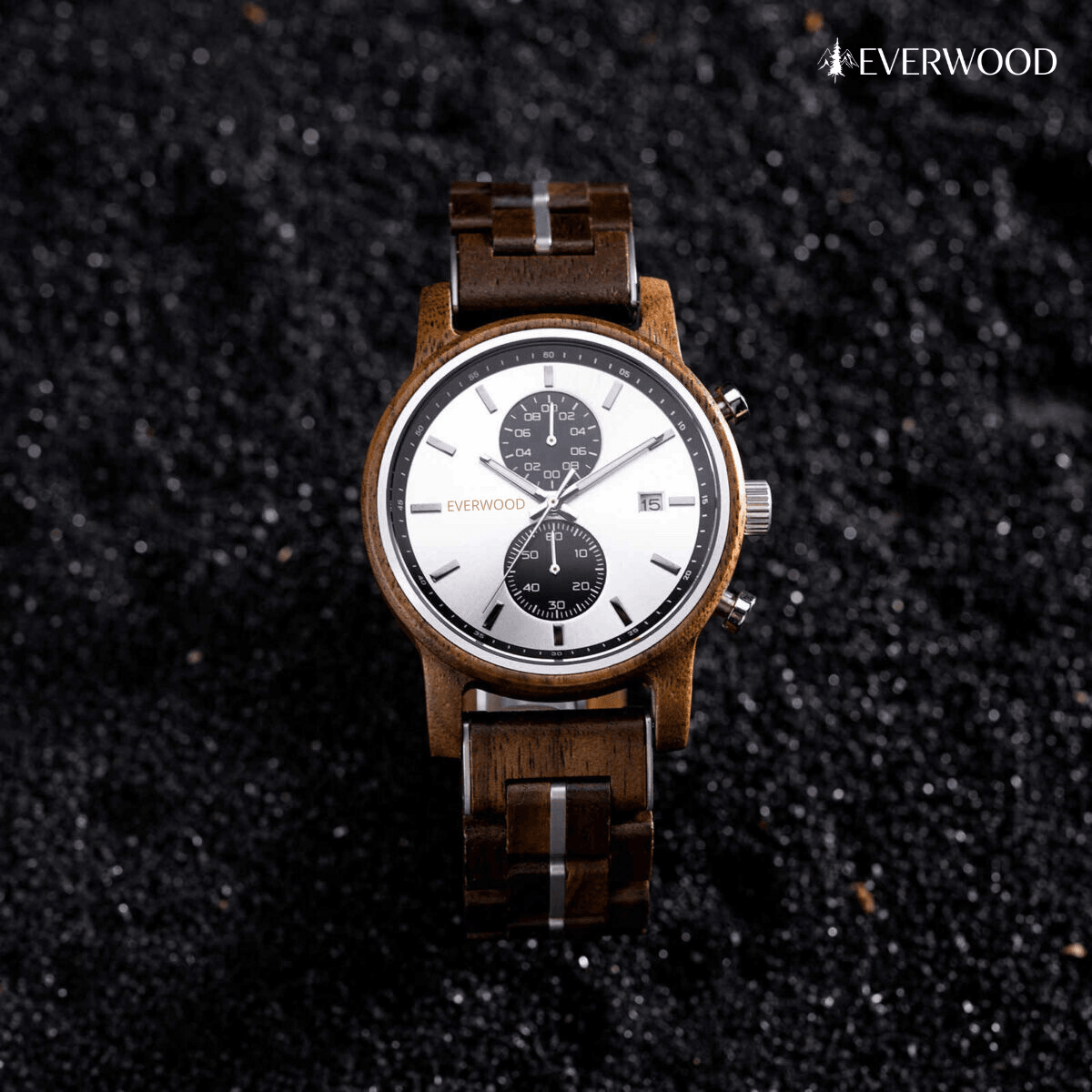 EverWood™ - Classic Walnut Silver Kronográf 44mm - EverWood ® Fa Karórák | Férfi & Női Karóra Faóra Fakaróra EverWood