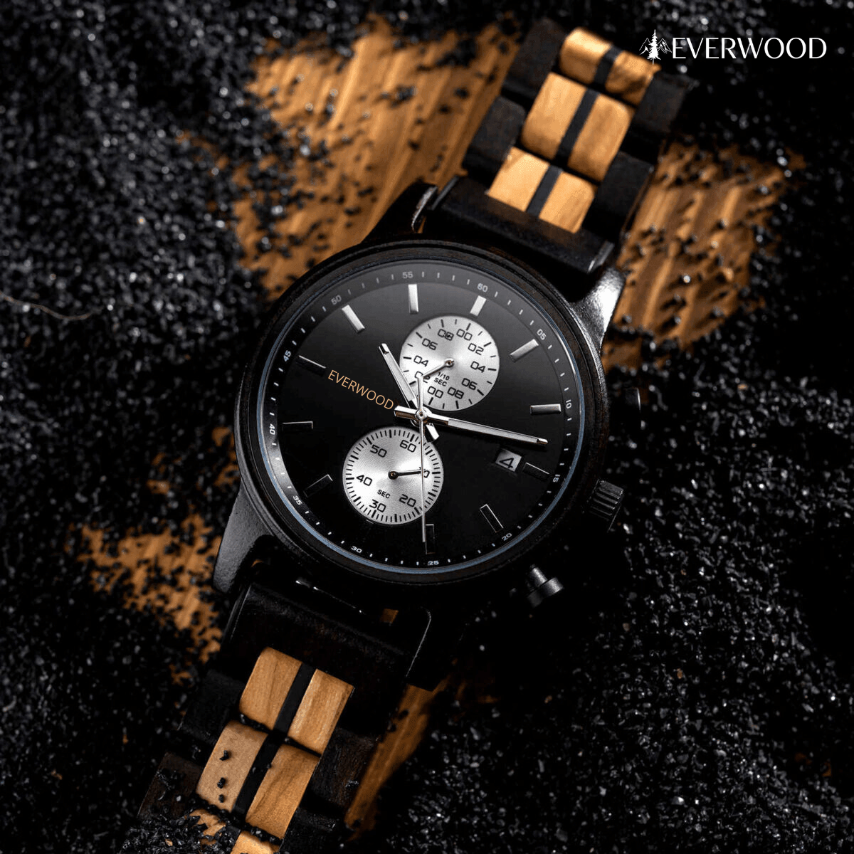 EverWood™ - Classic Walnut Black Kronográf 44mm - EverWood ® Fa Karórák | Férfi & Női Karóra Faóra Fakaróra EverWood