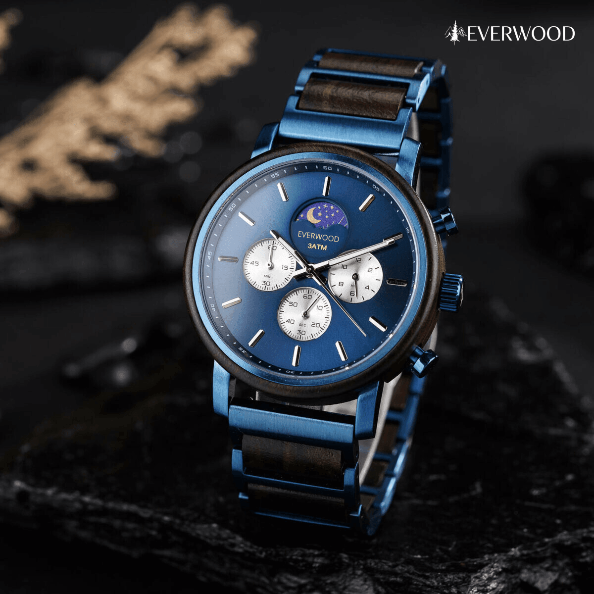 EverWood™ - Moon Phase Blue Kronográf 44mm - EverWood ® Fa Karórák | Férfi & Női Karóra Faóra Fakaróra EverWood