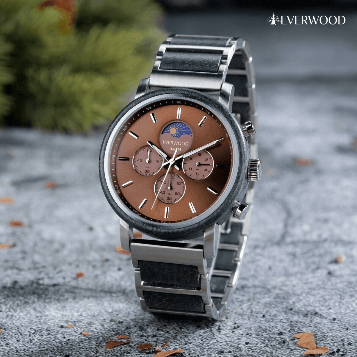 EverWood™ - Moon Phase Silver Kronográf 44mm - EverWood ® Fa Karórák | Férfi & Női Karóra Faóra Fakaróra EverWood