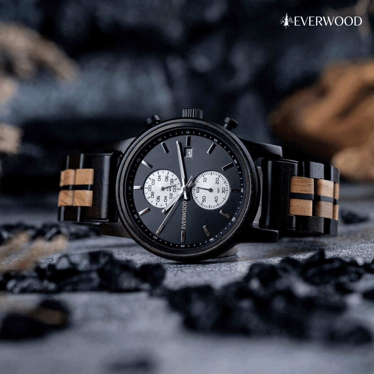 EverWood™ - Classic Walnut Black Kronográf 44mm - EverWood ® Fa Karórák | Férfi & Női Karóra Faóra Fakaróra EverWood