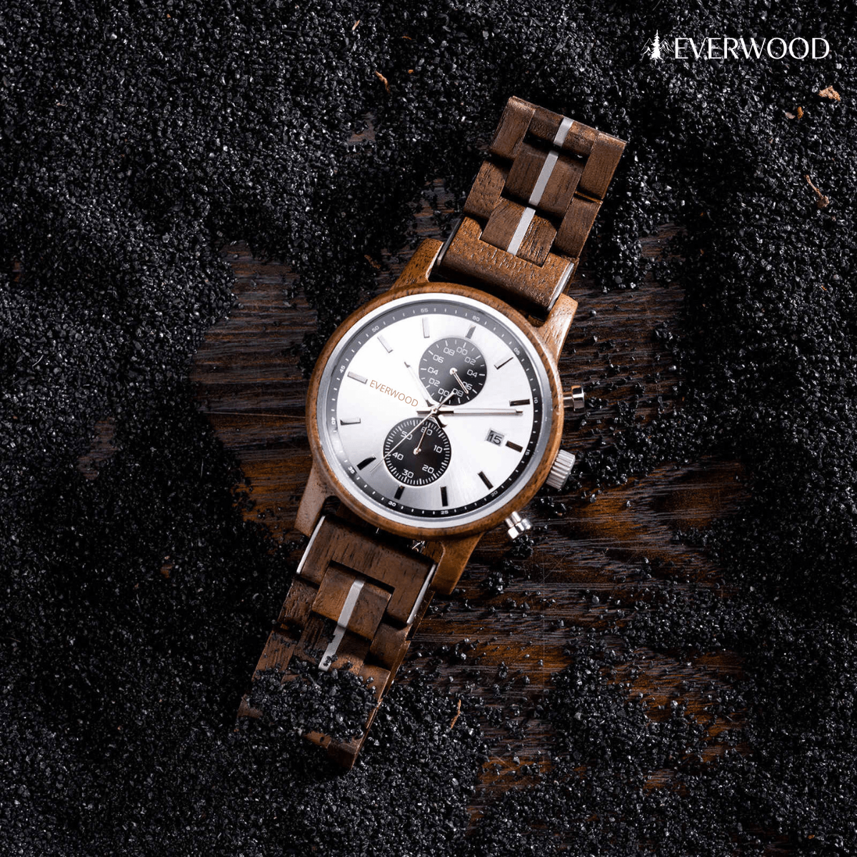 EverWood™ - Classic Walnut Silver Kronográf 44mm - EverWood ® Fa Karórák | Férfi & Női Karóra Faóra Fakaróra EverWood