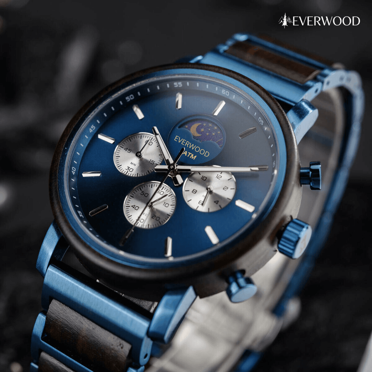 EverWood™ - Moon Phase Blue Kronográf 44mm - EverWood ® Fa Karórák | Férfi & Női Karóra Faóra Fakaróra EverWood