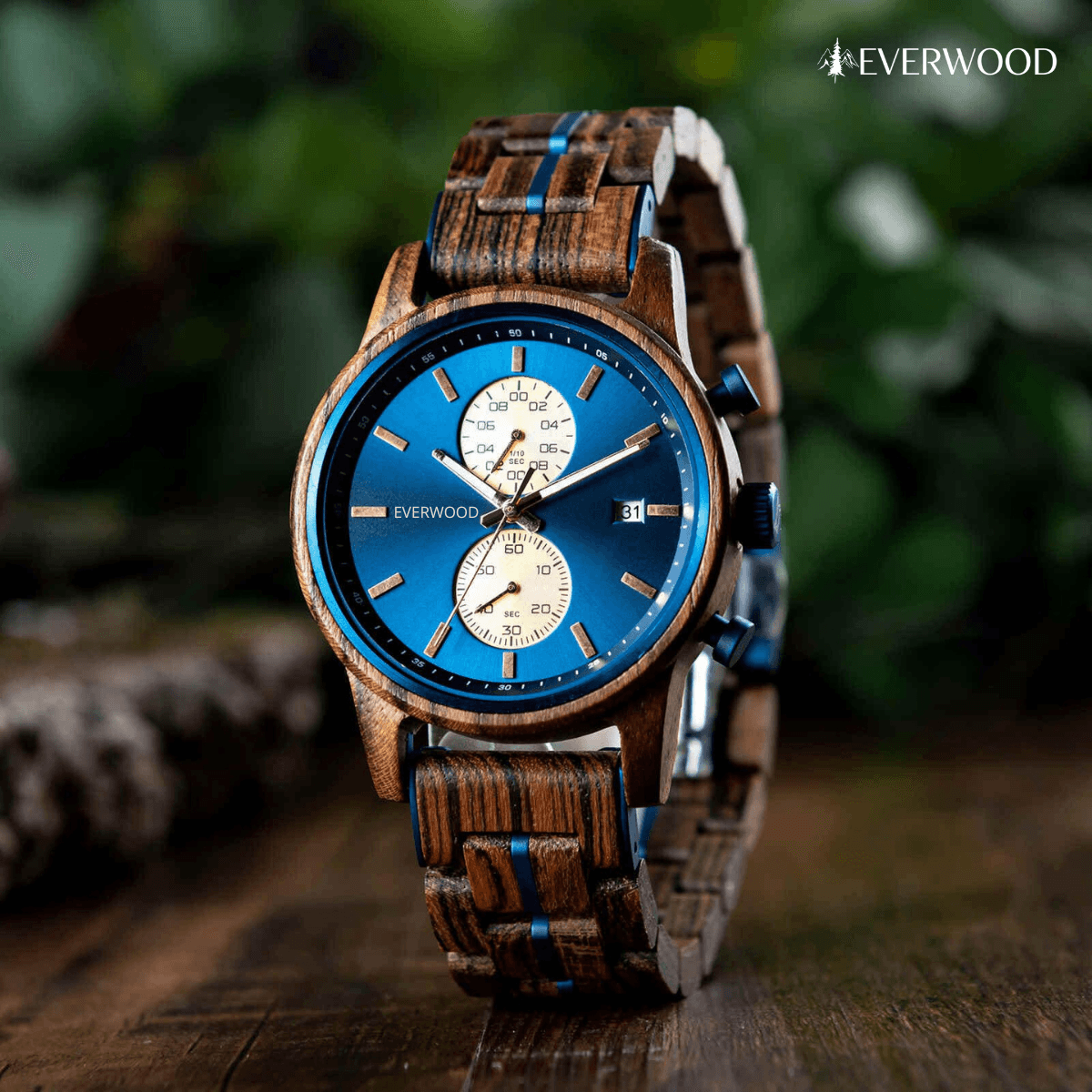 EverWood™ - Classic Walnut Blue Chronograph 44mm - EverWood ® Fa Karórák | Férfi & Női Karóra Faóra Fakaróra EverWood
