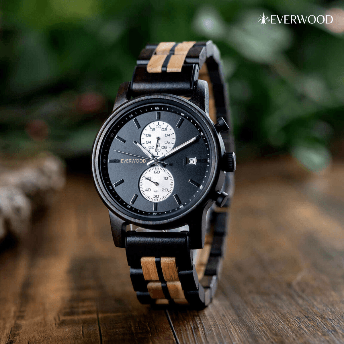 EverWood™ - Classic Walnut Black Kronográf 44mm - EverWood ® Fa Karórák | Férfi & Női Karóra Faóra Fakaróra EverWood