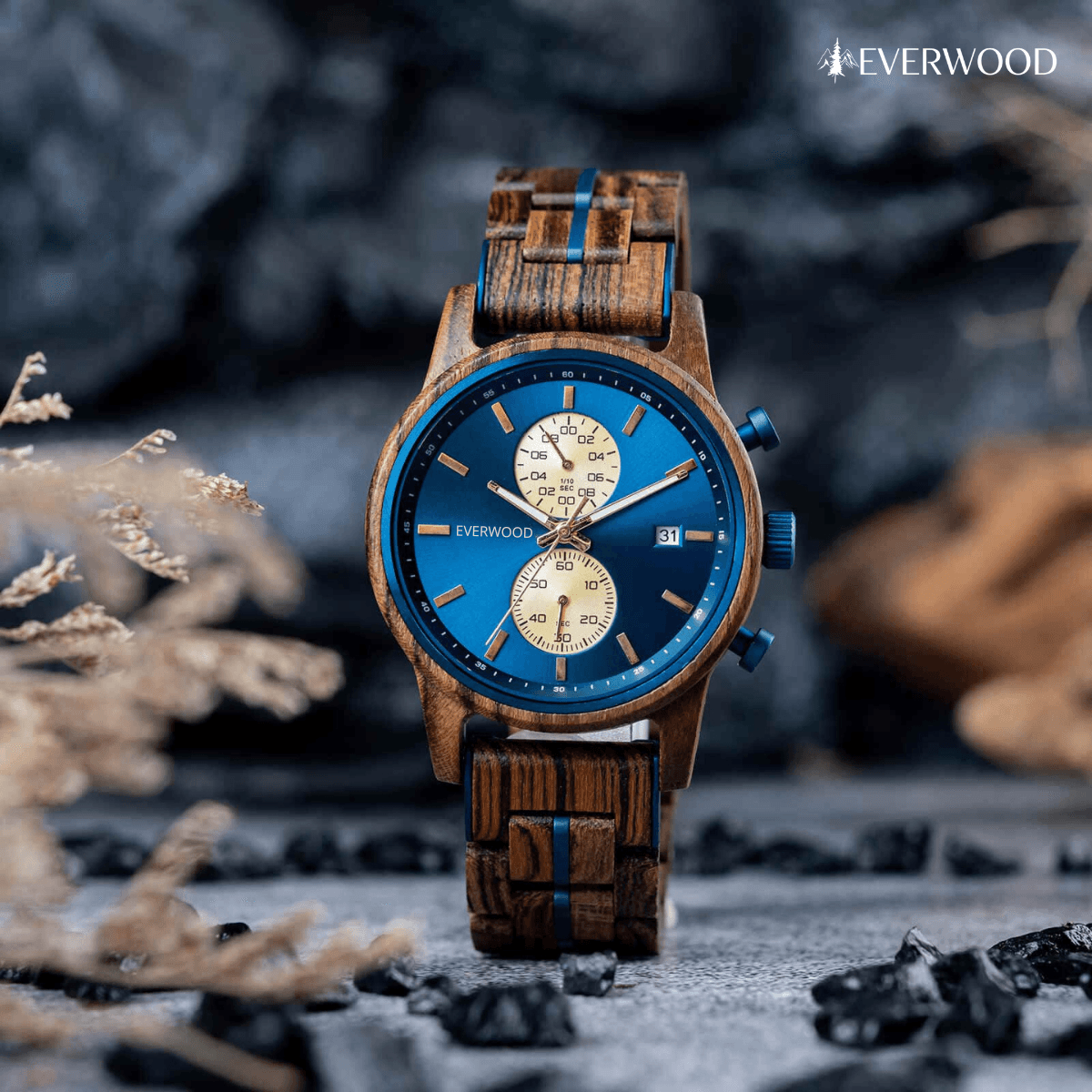 EverWood™ - Classic Walnut Blue Chronograph 44mm - EverWood ® Fa Karórák | Férfi & Női Karóra Faóra Fakaróra EverWood