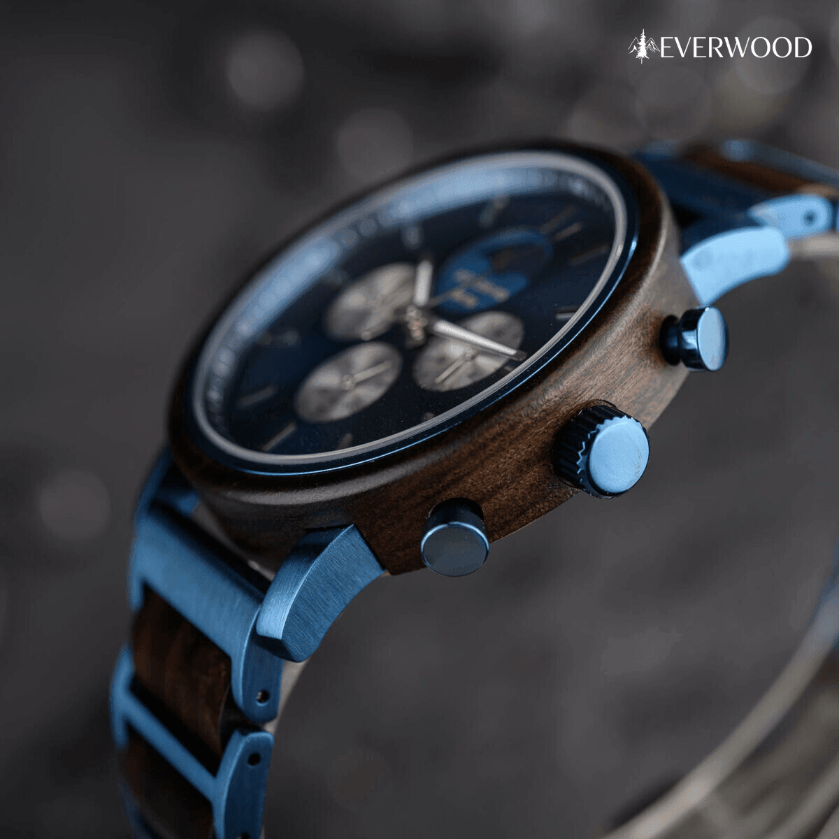 EverWood™ - Moon Phase Blue Kronográf 44mm - EverWood ® Fa Karórák | Férfi & Női Karóra Faóra Fakaróra EverWood