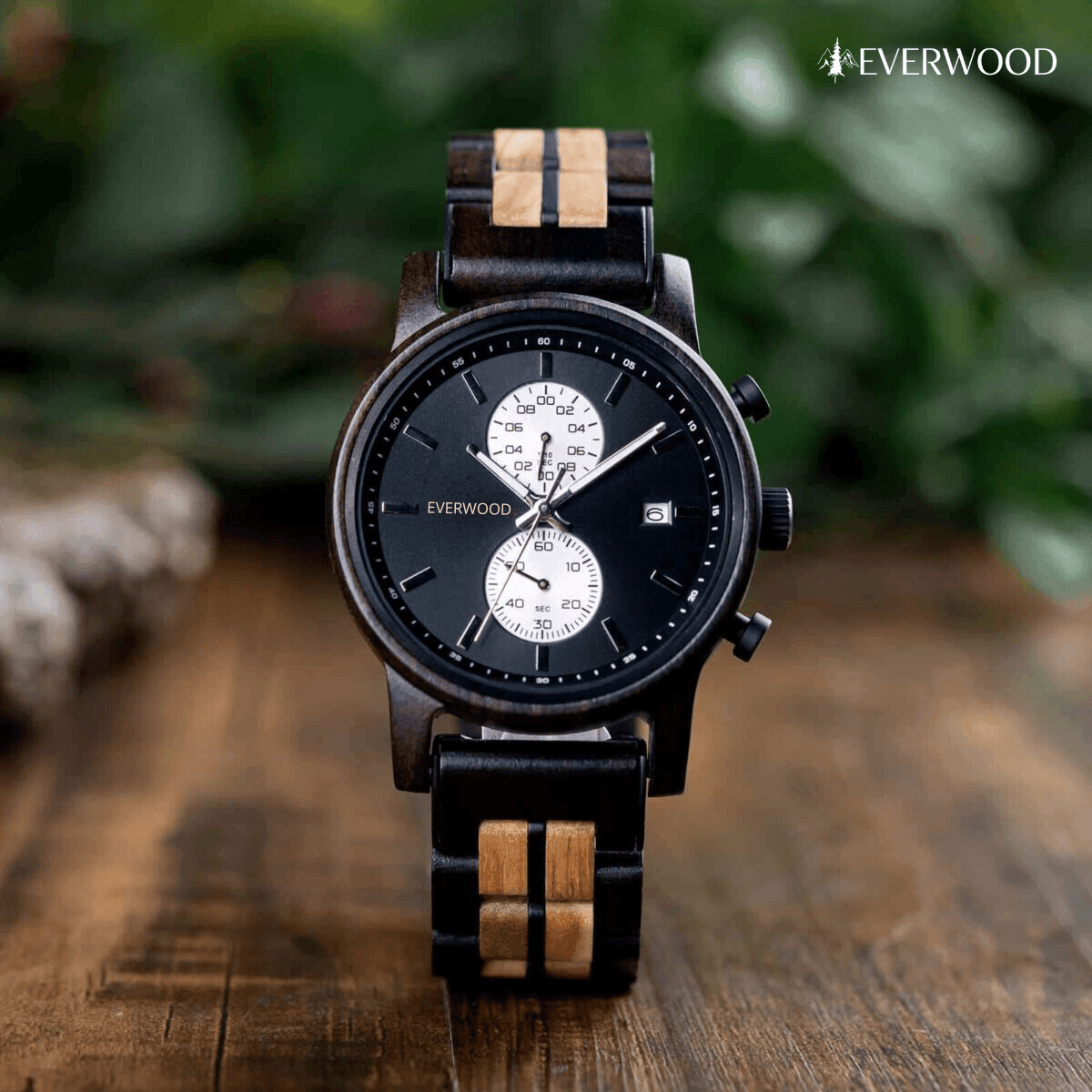 EverWood™ - Classic Walnut Black Kronográf 44mm - EverWood ® Fa Karórák | Férfi & Női Karóra Faóra Fakaróra EverWood
