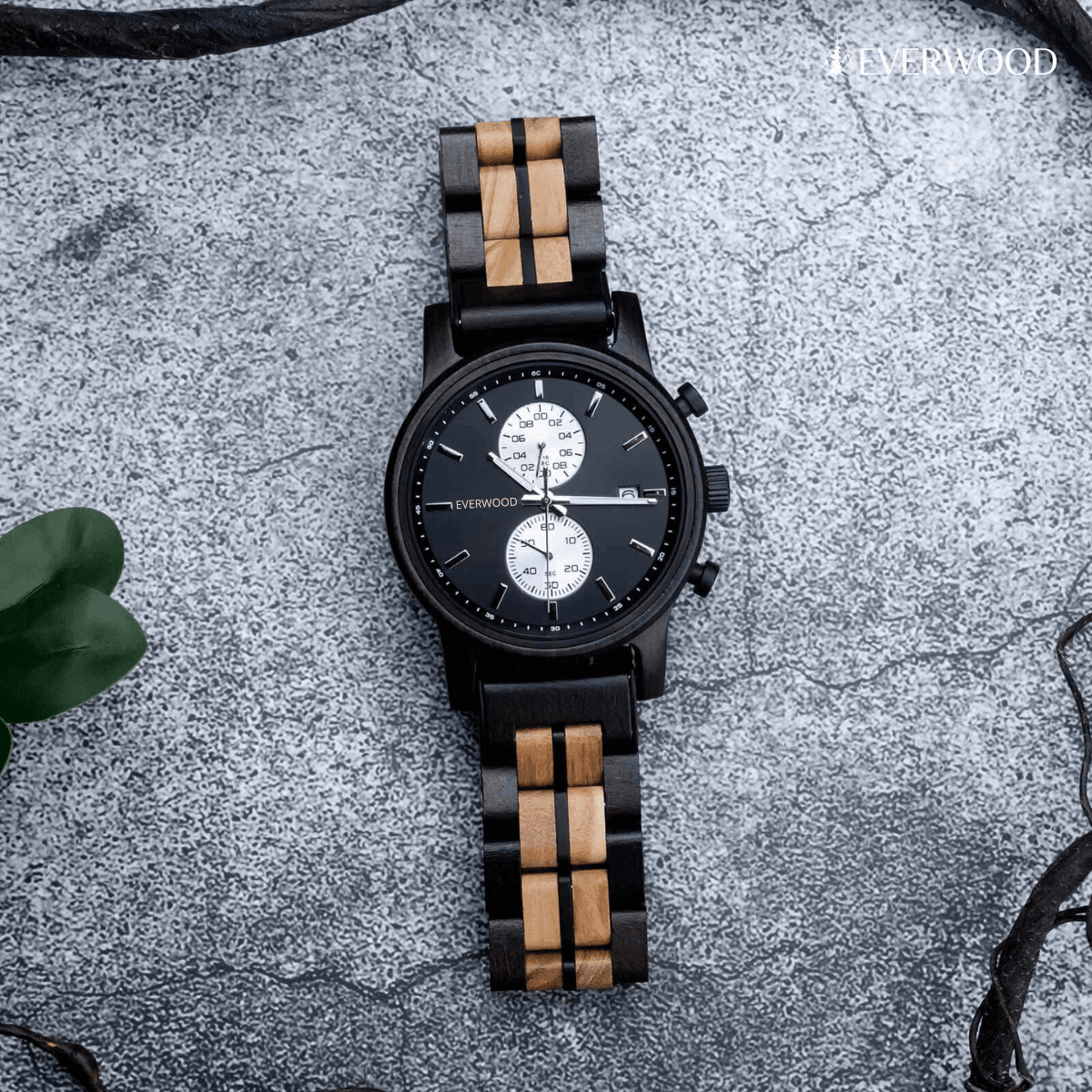 EverWood™ - Classic Walnut Black Kronográf 44mm - EverWood ® Fa Karórák | Férfi & Női Karóra Faóra Fakaróra EverWood