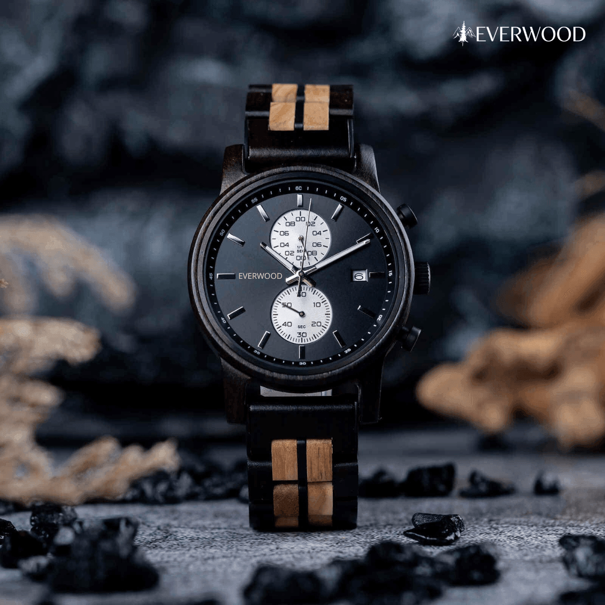 EverWood™ - Classic Walnut Black Kronográf 44mm - EverWood ® Fa Karórák | Férfi & Női Karóra Faóra Fakaróra EverWood