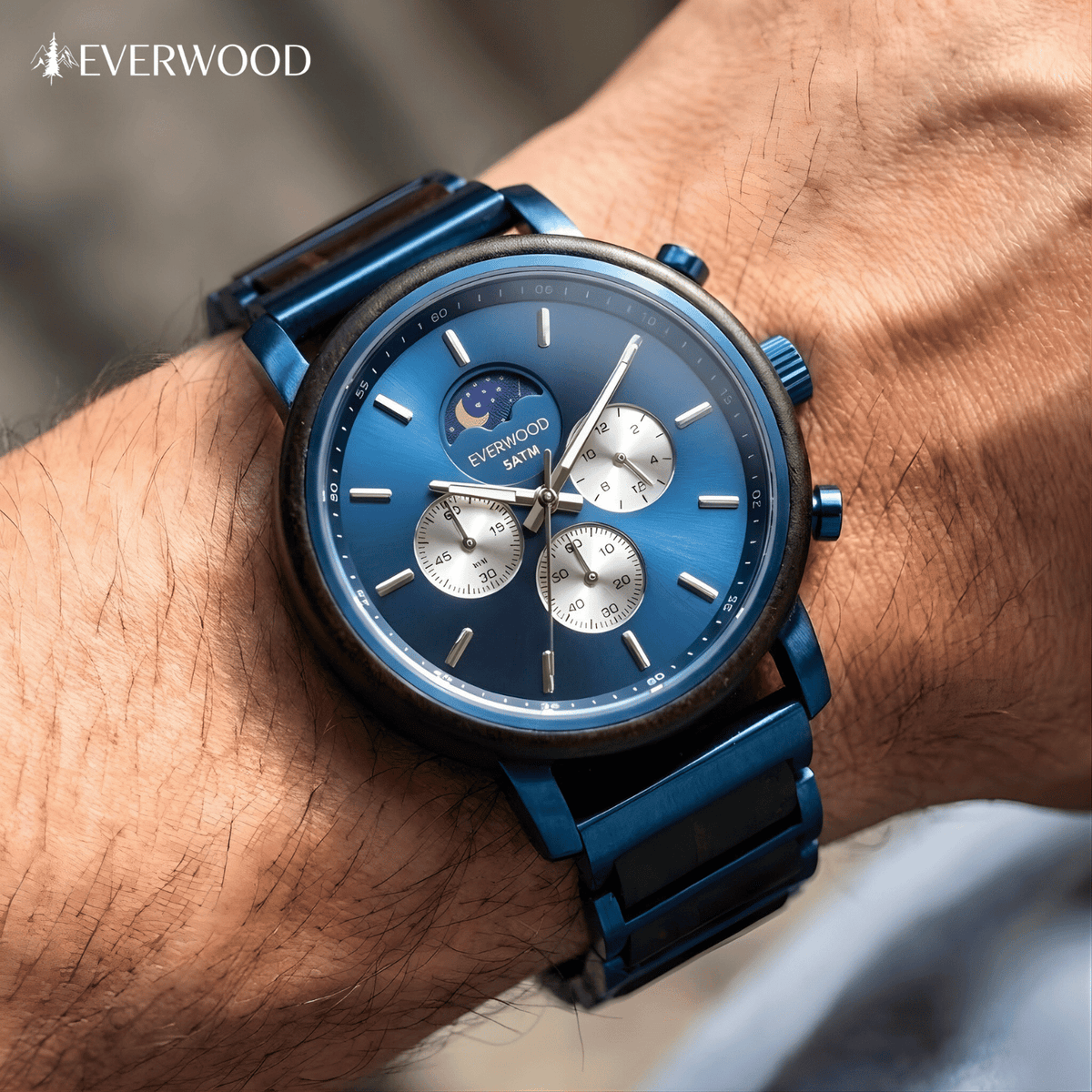 EverWood™ - Moon Phase Blue Kronográf 44mm