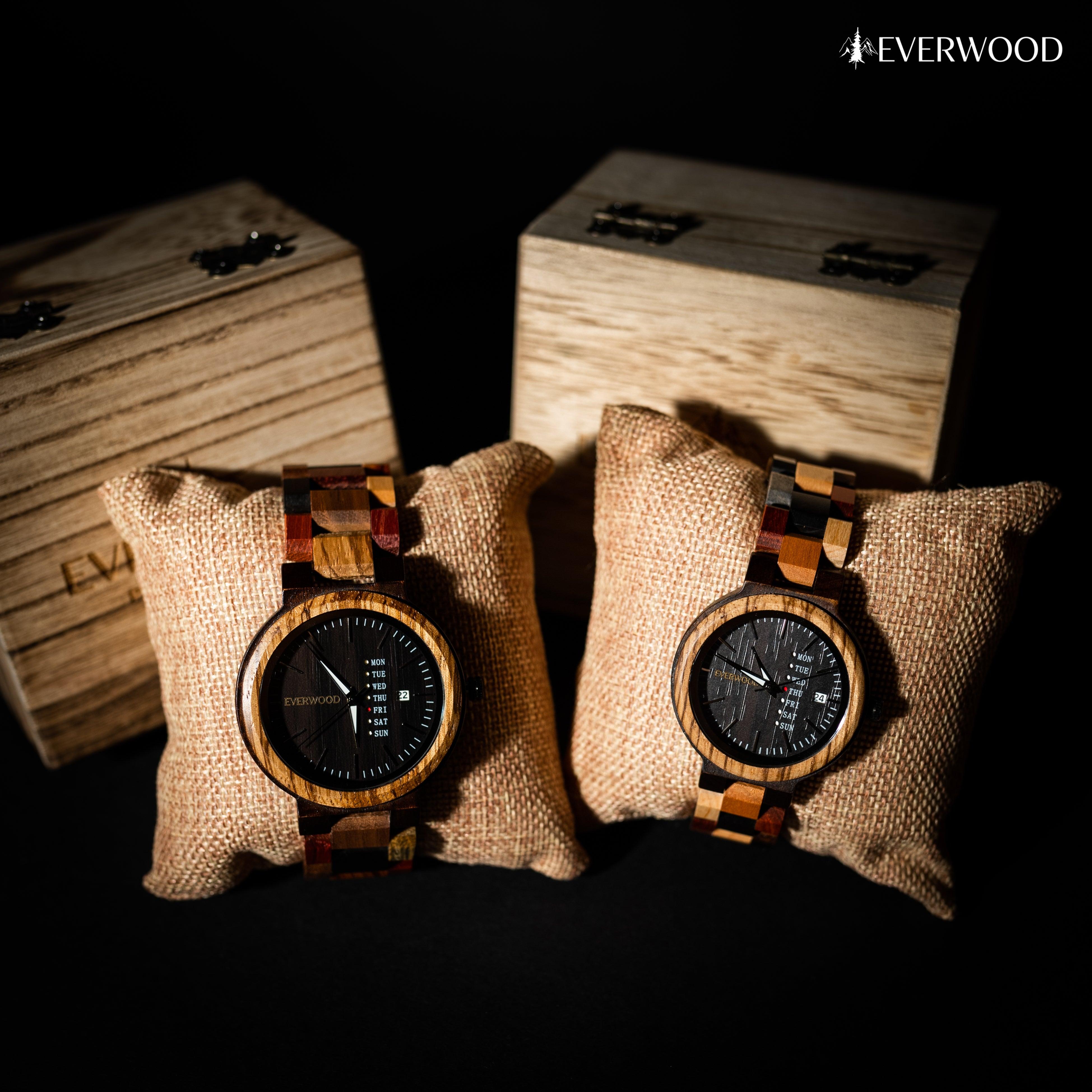 EverWood™ - MultiWood Quartz naptáros 1+1 Páros 44/38mm - EverWood ® Fa Karórák | Férfi & Női Karóra Faóra Fakaróra EverWood