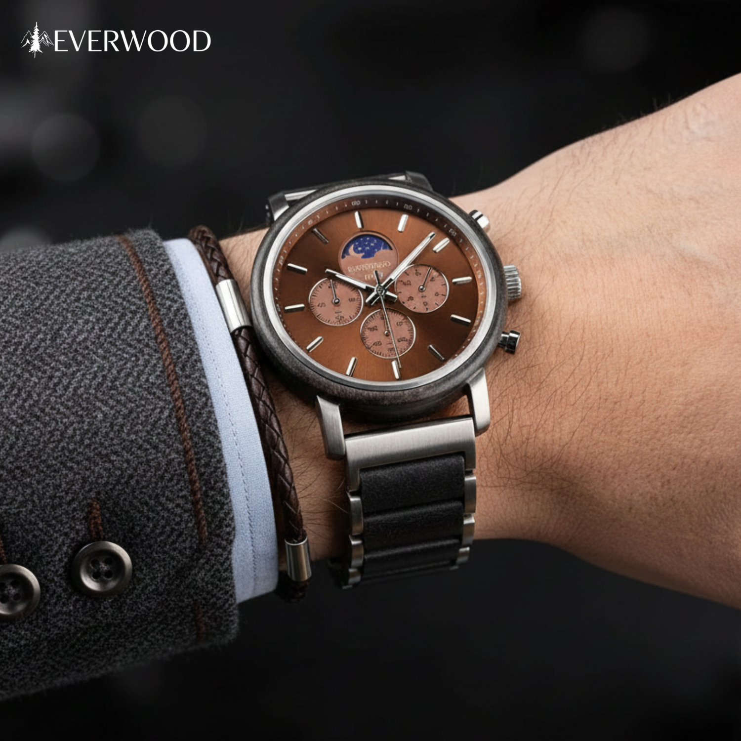 EverWood™ - Moon Phase Silver Kronográf 44mm